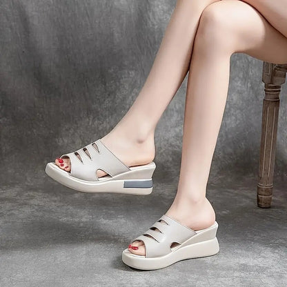 Zapatillas peep-toe de suela gruesa de cuero genuino