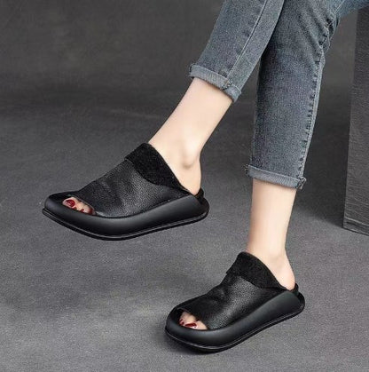 Zapatillas de cuero con suela blanda para mujer