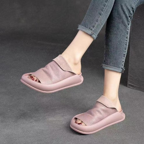 Zapatillas de cuero con suela blanda para mujer